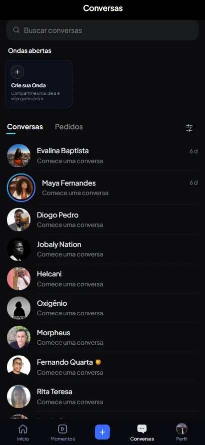 Tela Conversas do app Ondela, com a área Ondas abertas no topo e a lista de conversas.
